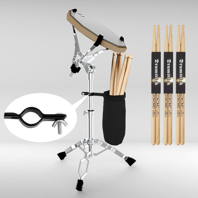 Dokomo Drum Practice Pad with Snare Drum Stand Set, 12-Inch Double Sided Silent Practice Pad Kit with Drum Sticks, Drumstick Holder, Luminous Carrying Bag, Gray (Fits 8''-15'' Drums) - Image 3